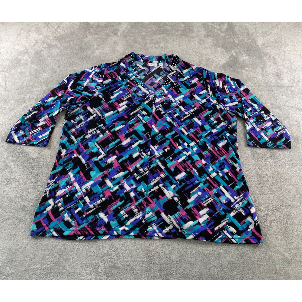 Kim Rogers Woman 2X Abstract Geometric Rhinestone V-Neck 3/4 Sleeve Top